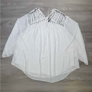 Black Label by Chicos White Tassel Embellished V Neck Bell Sleeve Blouse Top M